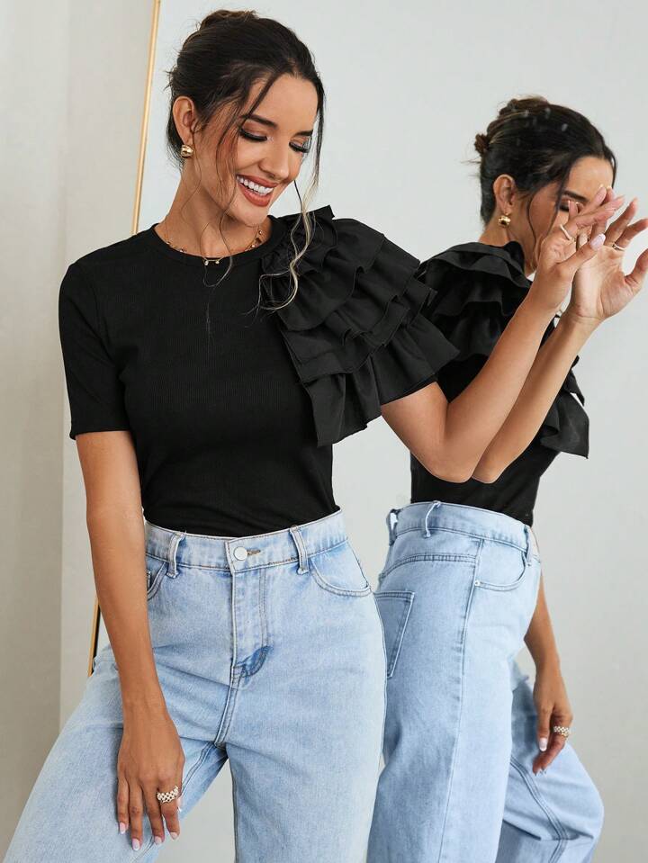 CM-TS826072 Women Casual Seoul Style Multi-Layer Ruffle Decoration T-Shirt - Black