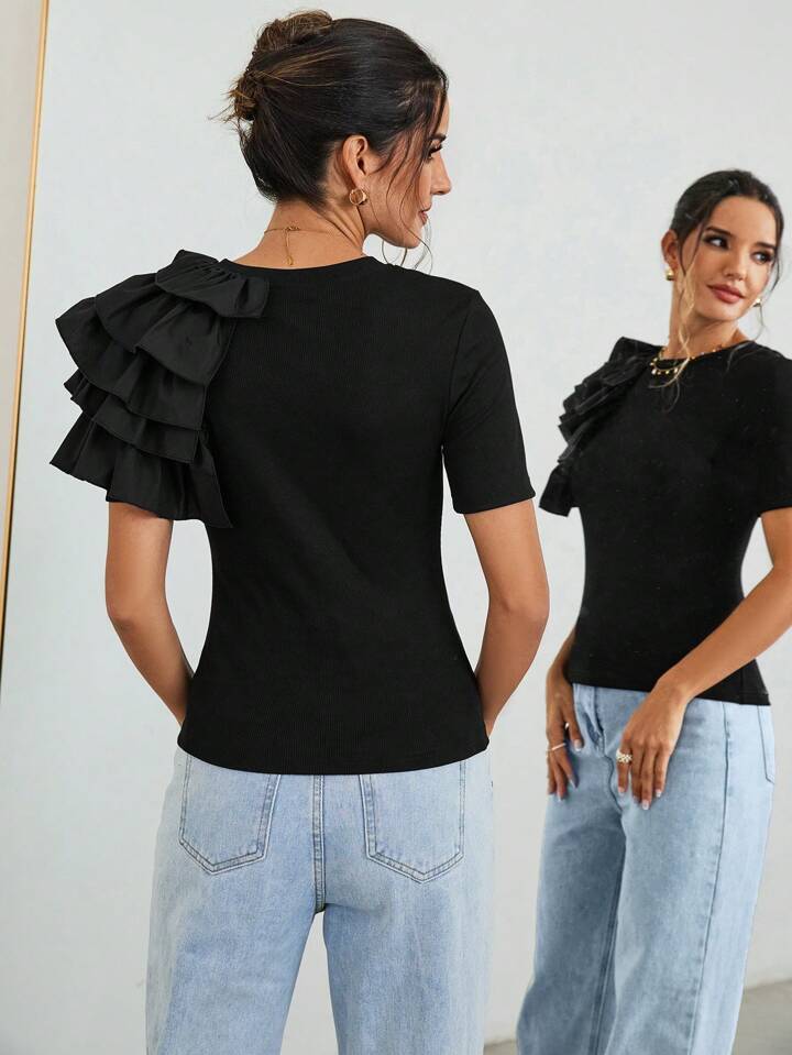 CM-TS826072 Women Casual Seoul Style Multi-Layer Ruffle Decoration T-Shirt - Black