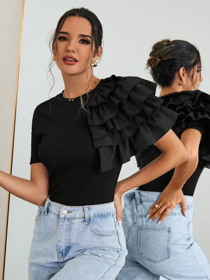 CM-TS826072 Women Casual Seoul Style Multi-Layer Ruffle Decoration T-Shirt - Black