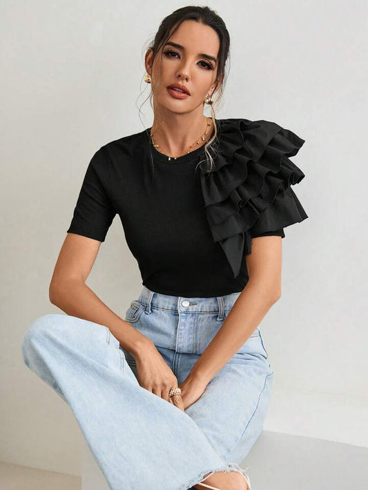 CM-TS826072 Women Casual Seoul Style Multi-Layer Ruffle Decoration T-Shirt - Black