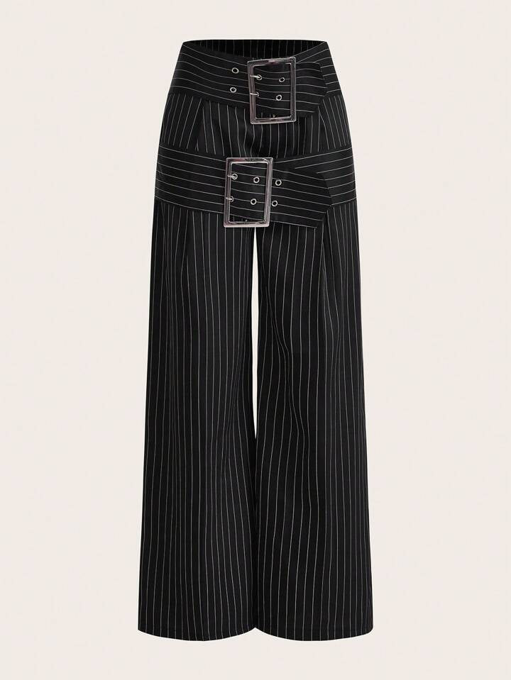 CM-BS800419 Women Elegant Seoul Style Wide Leg Striped Pants With Decorative Belt