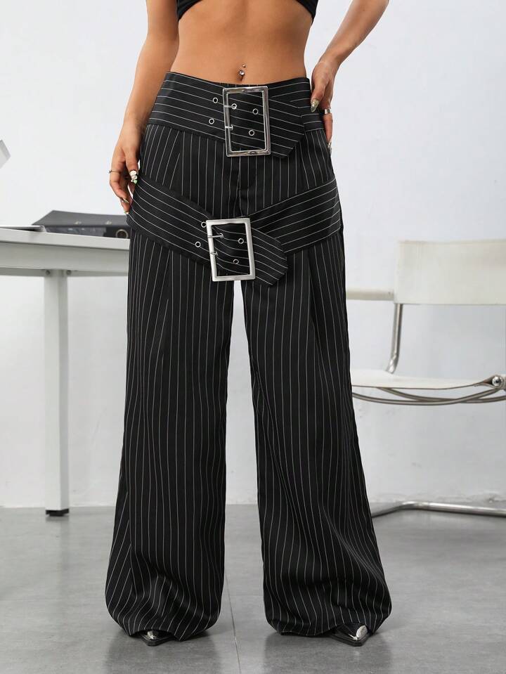 CM-BS800419 Women Elegant Seoul Style Wide Leg Striped Pants With Decorative Belt