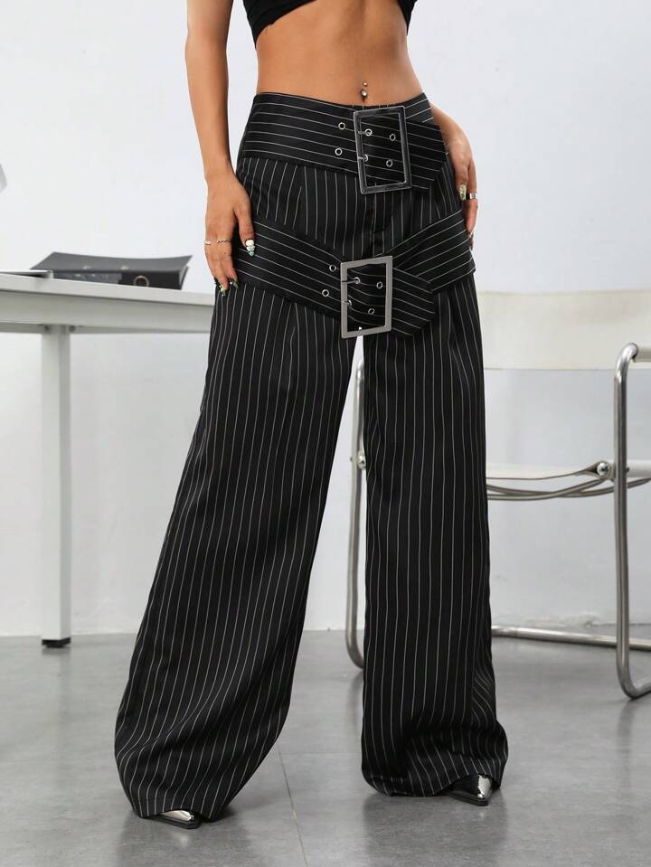 CM-BS800419 Women Elegant Seoul Style Wide Leg Striped Pants With Decorative Belt