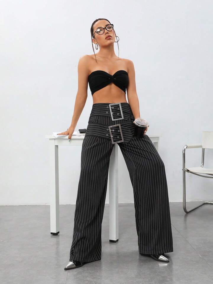 CM-BS800419 Women Elegant Seoul Style Wide Leg Striped Pants With Decorative Belt