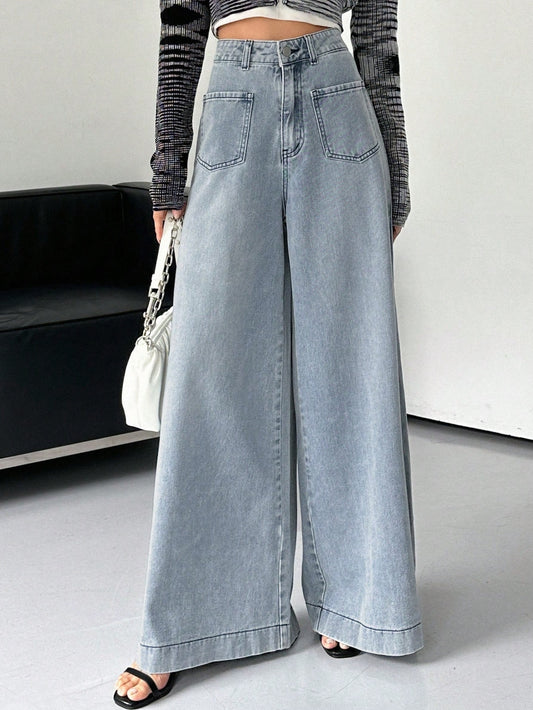 CM-BS829219 Women Casual Seoul Style Light Wash Solid Wide Leg Jeans