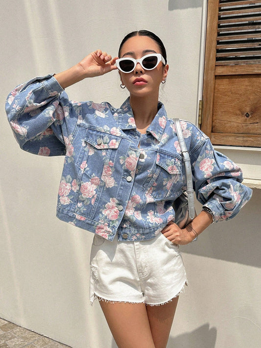 CM-CS077760 Women Casual Seoul Style Floral Print Drop Shoulder Flap Pocket Denim Jacket
