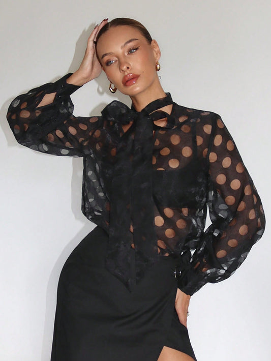 CM-TS948826 Women Elegant Seoul Style Tie Neck Lantern Sleeve Blouse - Black