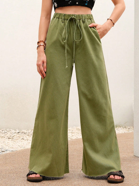 CM-BS477302 Women Trendy Bohemian Style Knot Elastic Waist Wide Leg Jeans - Olive Green