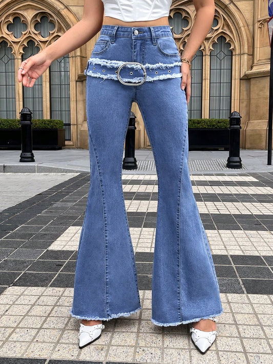 CM-BS881395 Women Casual Seoul Style Light Wash Raw Trim Buckle Front Flare Leg Jeans
