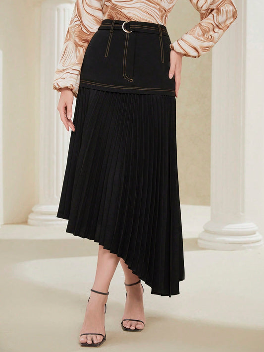 CM-BS839299 Women Elegant Seoul Style Top-Stitching Asymmetrical Hem Skirt - Black