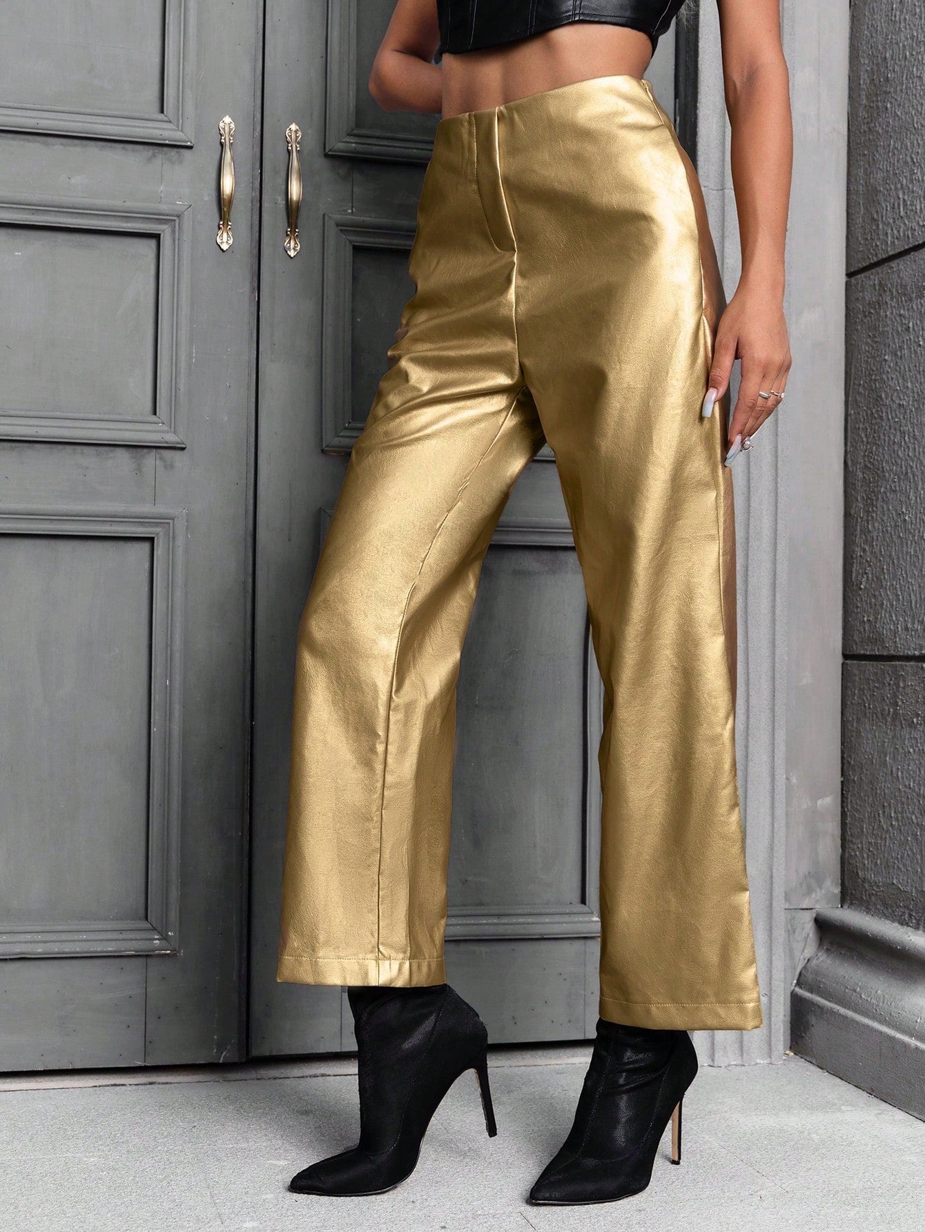 CM-BS530606 Women Elegant Seoul Style Metallic Straight Leg Pants - Gold