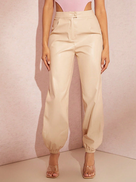 CM-BS545292 Women Casual Seoul Style Solid PU Leather Jogger Pants - Apricot