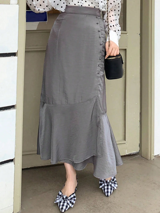 CM-BS440360 Women Elegant Seoul Style Solid Button Detail Ruffle Hem Skirt - Gray