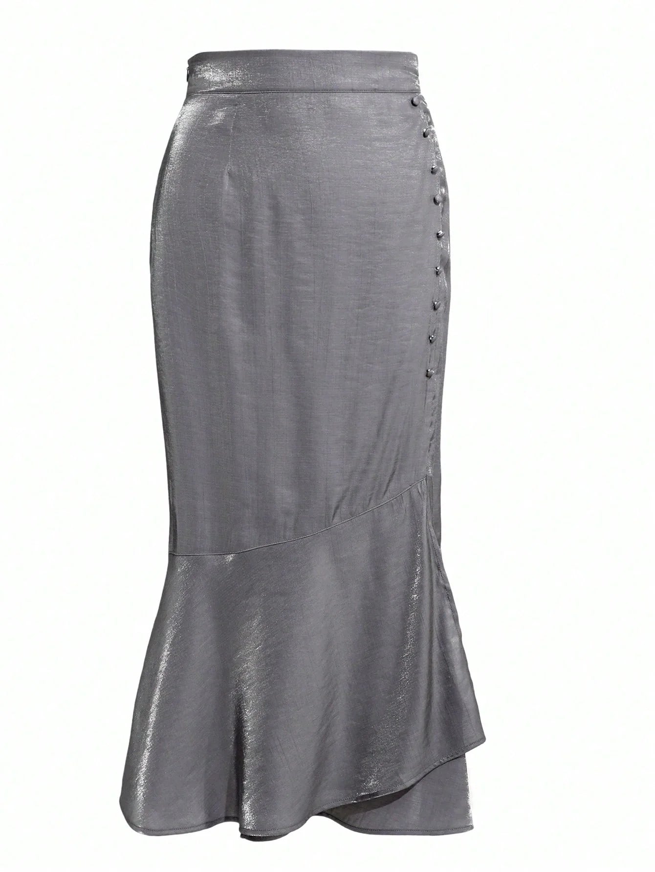 CM-BS440360 Women Elegant Seoul Style Solid Button Detail Ruffle Hem Skirt - Gray