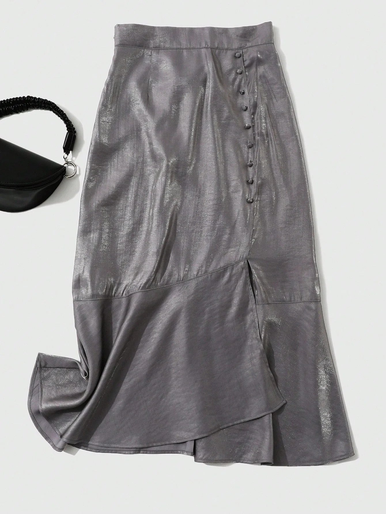 CM-BS440360 Women Elegant Seoul Style Solid Button Detail Ruffle Hem Skirt - Gray