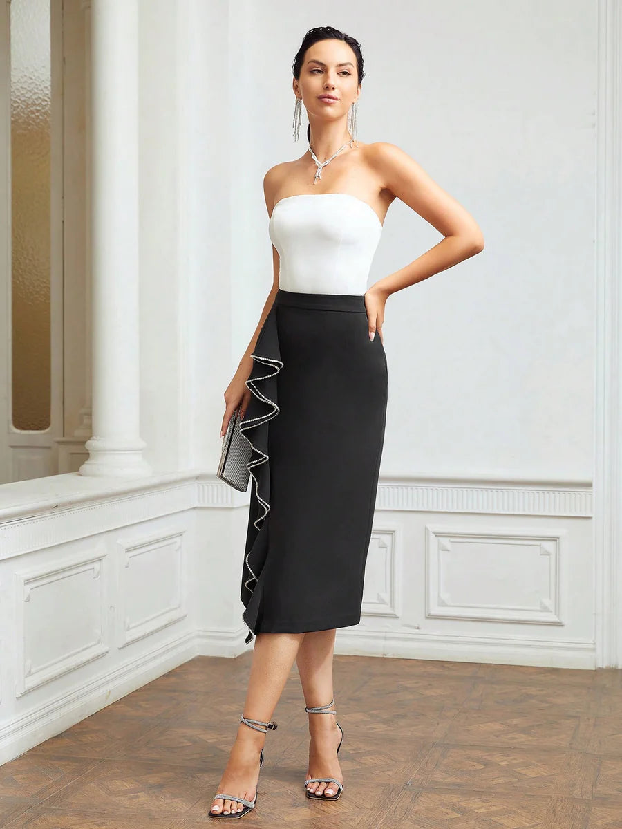 CM-BS734779 Women Elegant Seoul Style Rhinestone Trim Ruffle Midi Skirt - Black