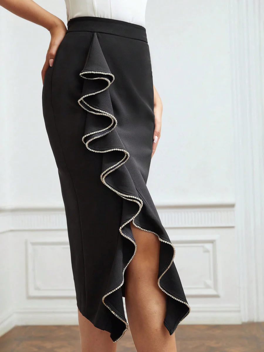 CM-BS734779 Women Elegant Seoul Style Rhinestone Trim Ruffle Midi Skirt - Black