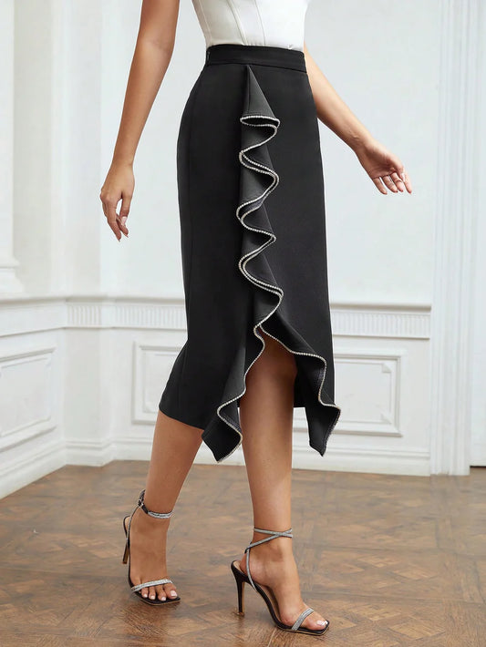CM-BS734779 Women Elegant Seoul Style Rhinestone Trim Ruffle Midi Skirt - Black
