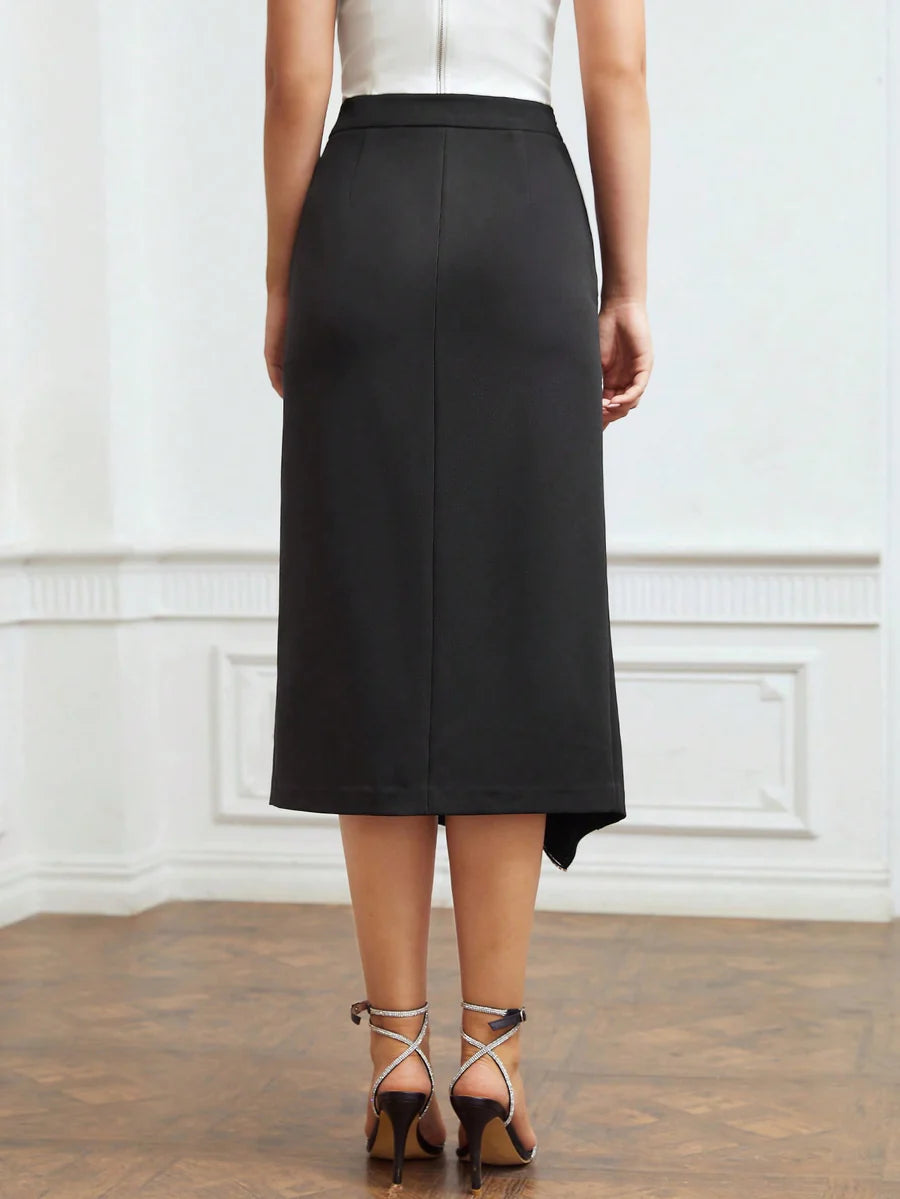 CM-BS734779 Women Elegant Seoul Style Rhinestone Trim Ruffle Midi Skirt - Black