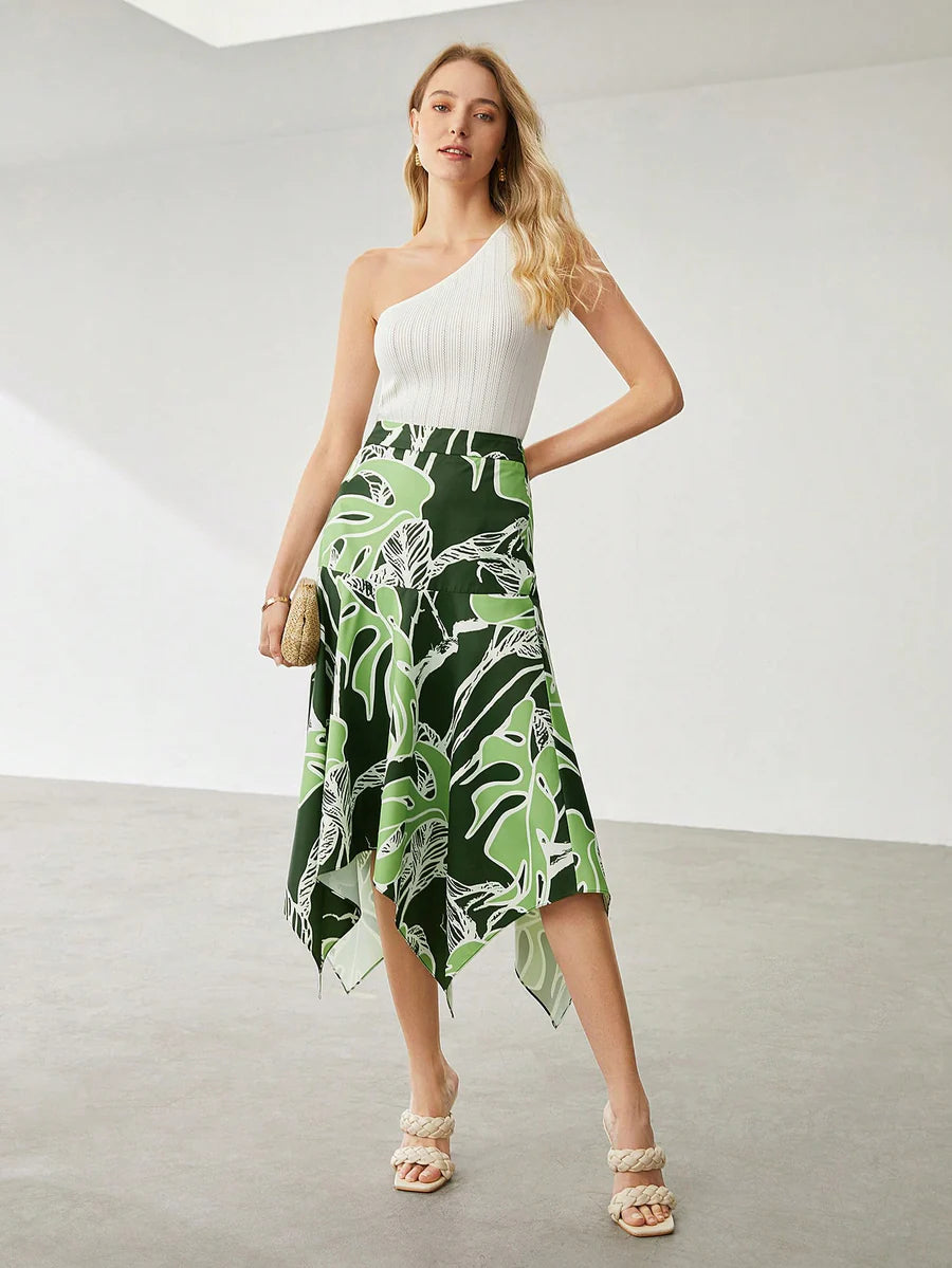 CM-BS737457 Women Trendy Bohemian Style Asymmetrical Leaf Print Midi Skirt