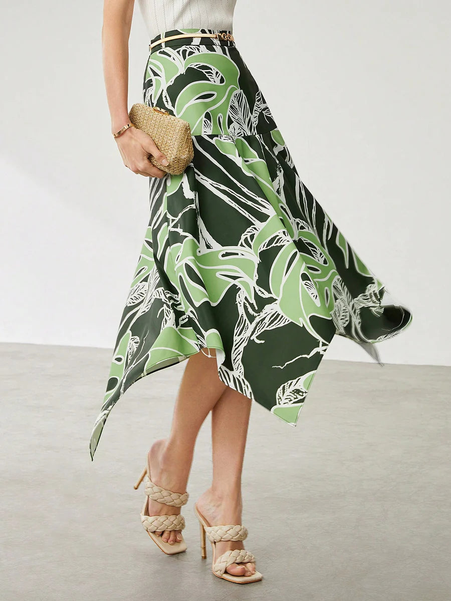 CM-BS737457 Women Trendy Bohemian Style Asymmetrical Leaf Print Midi Skirt