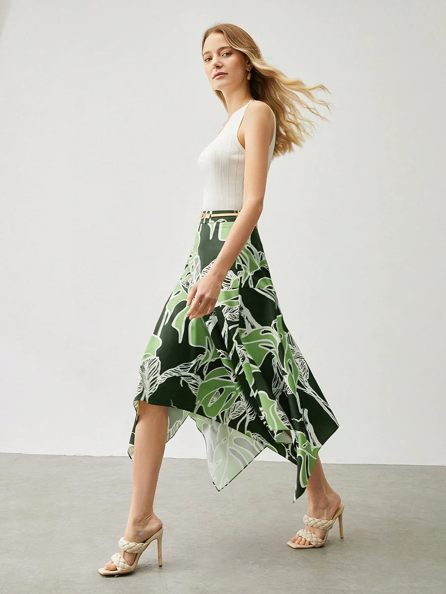 CM-BS737457 Women Trendy Bohemian Style Asymmetrical Leaf Print Midi Skirt