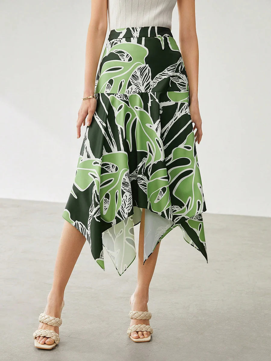 CM-BS737457 Women Trendy Bohemian Style Asymmetrical Leaf Print Midi Skirt