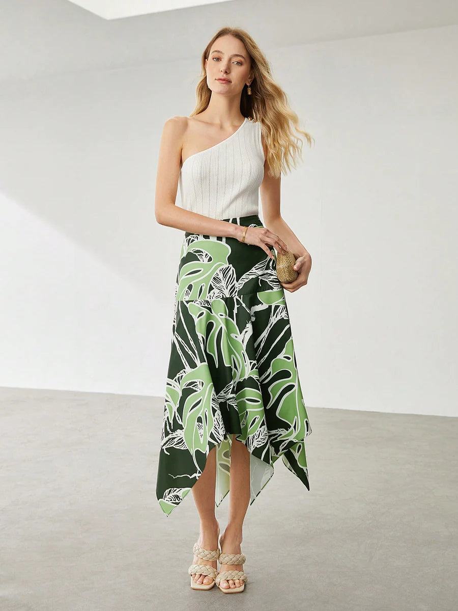 CM-BS737457 Women Trendy Bohemian Style Asymmetrical Leaf Print Midi Skirt