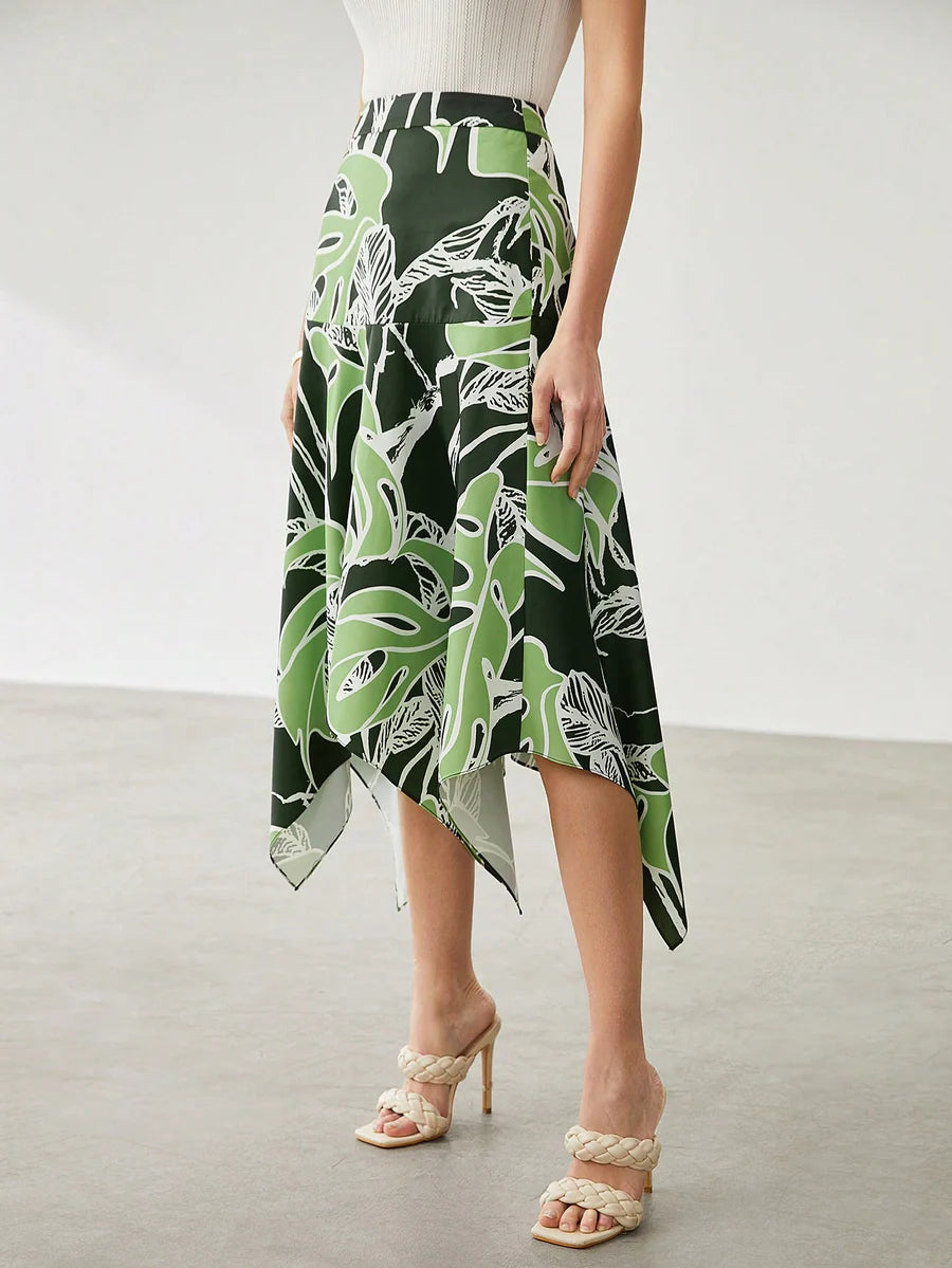 CM-BS737457 Women Trendy Bohemian Style Asymmetrical Leaf Print Midi Skirt