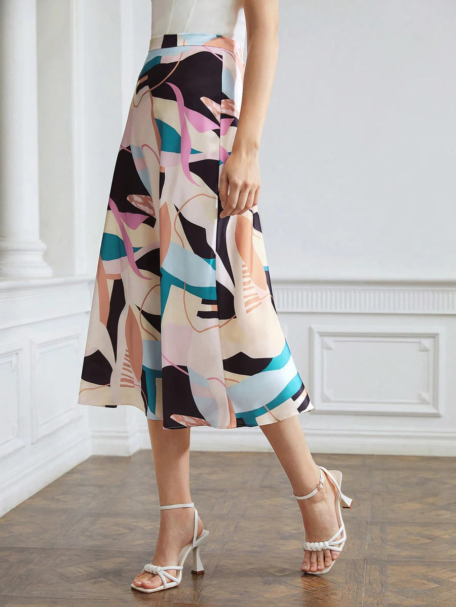 CM-BS384324 Women Elegant Seoul Style Abstarct Print Flowy A-Line Midi Skirt