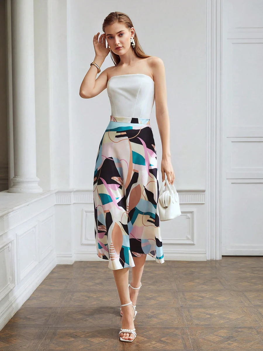 CM-BS384324 Women Elegant Seoul Style Abstarct Print Flowy A-Line Midi Skirt