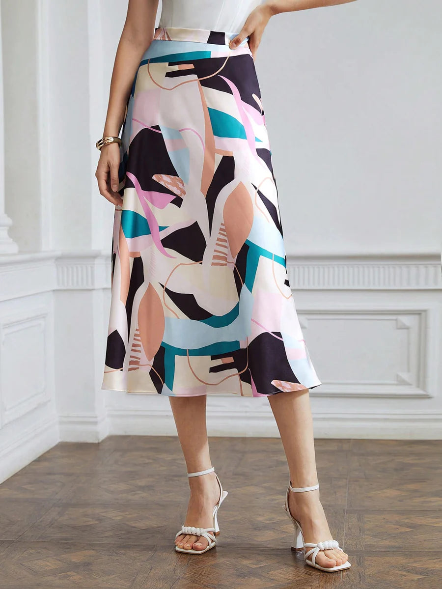 CM-BS384324 Women Elegant Seoul Style Abstarct Print Flowy A-Line Midi Skirt