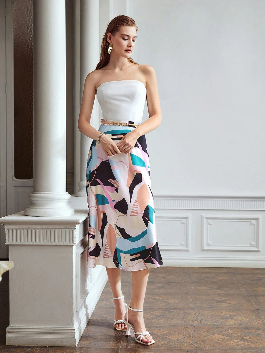 CM-BS384324 Women Elegant Seoul Style Abstarct Print Flowy A-Line Midi Skirt