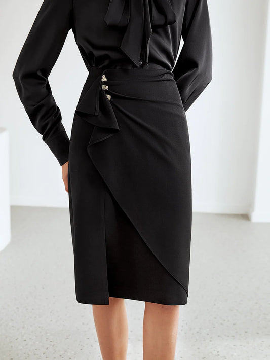 CM-BS027805 Women Elegant Seoul Style High Waist Gathered Ruffle Satin Skirt - Black