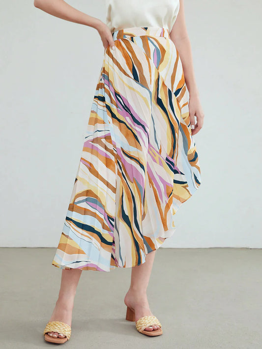 CM-BS875555 Women Elegant Seoul Style Printed Asymmetricla Pleated Midi Skirt