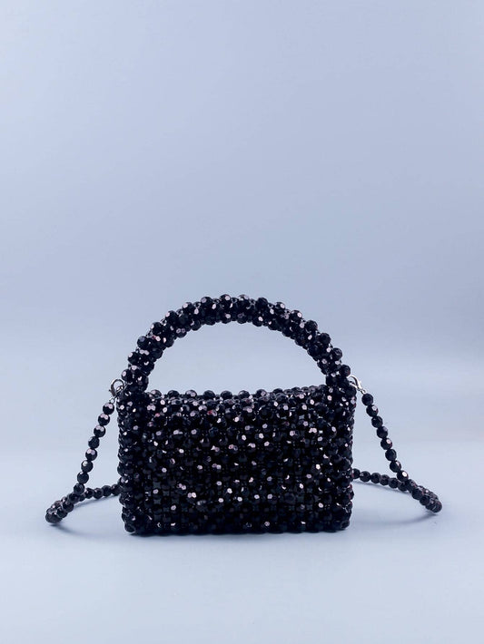 CM-BGS163585 Women Trendy Seoul Style Mini Beaded Satchel Bag Top Handle - Black