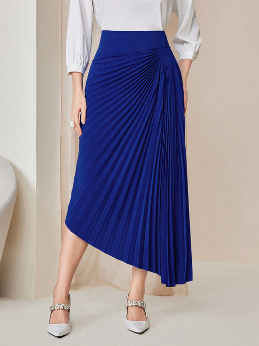 CM-BS692083 Women Elegant Seoul Style Solid Asymmetrical Hem Pleated Skirt - Blue