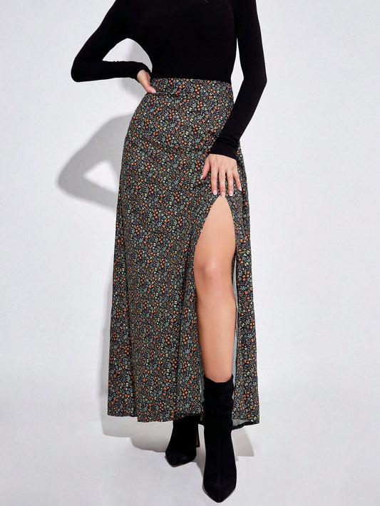 CM-BS476966 Women Trendy Bohemian Style Ditsy Floral Print Split Thigh Skirt