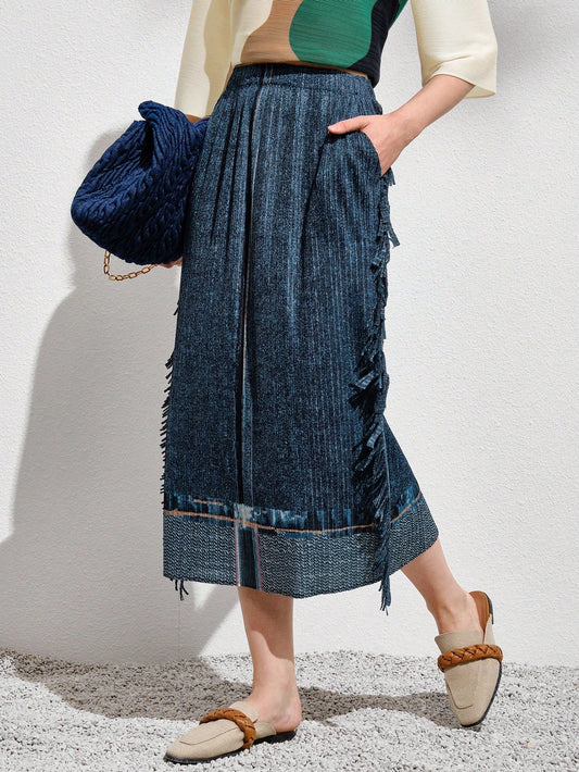 CM-BS552938 Women Casual Seoul Style Fringe Trim Slant Pocket Skirt - Blue