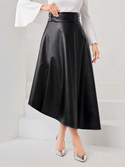 CM-BS221141 Women Elegant Seoul Style Buckle Detail PU Leather Skirt - Black