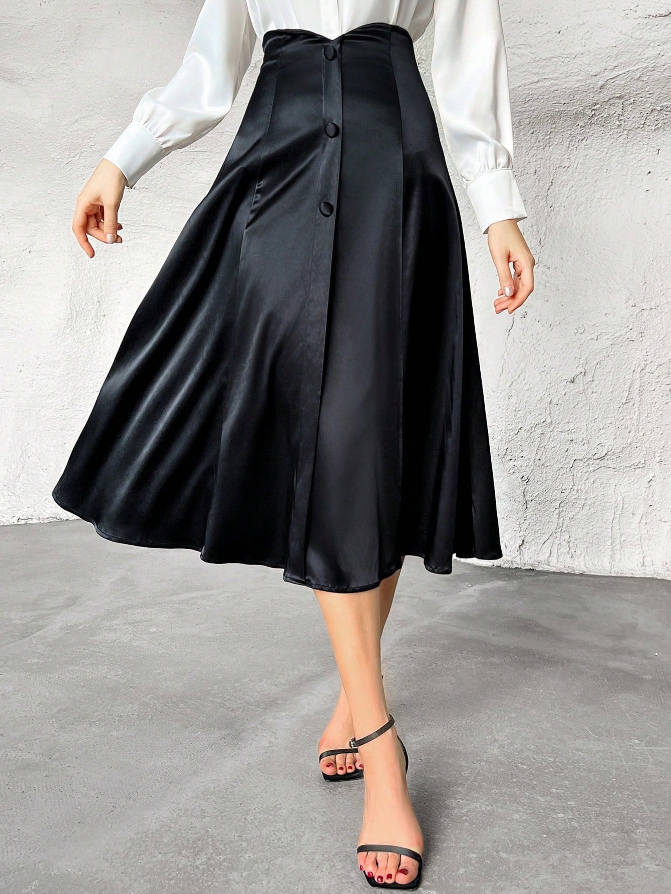 CM-BS639959 Women Elegant Seoul Style High Waist Button Front Skirt - Black