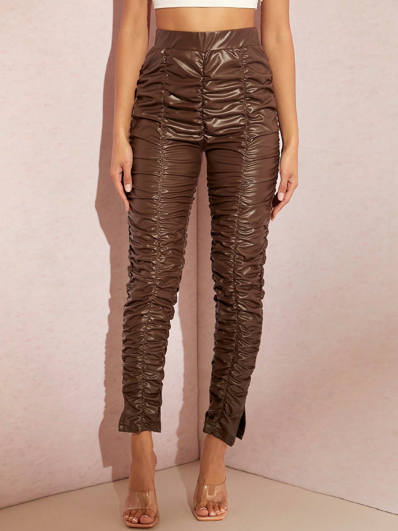 CM-BS294386 Women Casual Seoul Style Solid Split Hem Ruched Pants - Brown