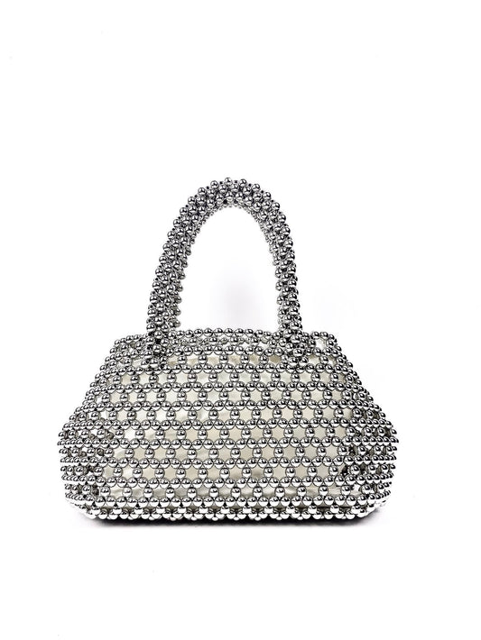 CM-BGS785086 Women Trendy Seoul Style Beaded Hollow Out Shoulder Bag - Silver