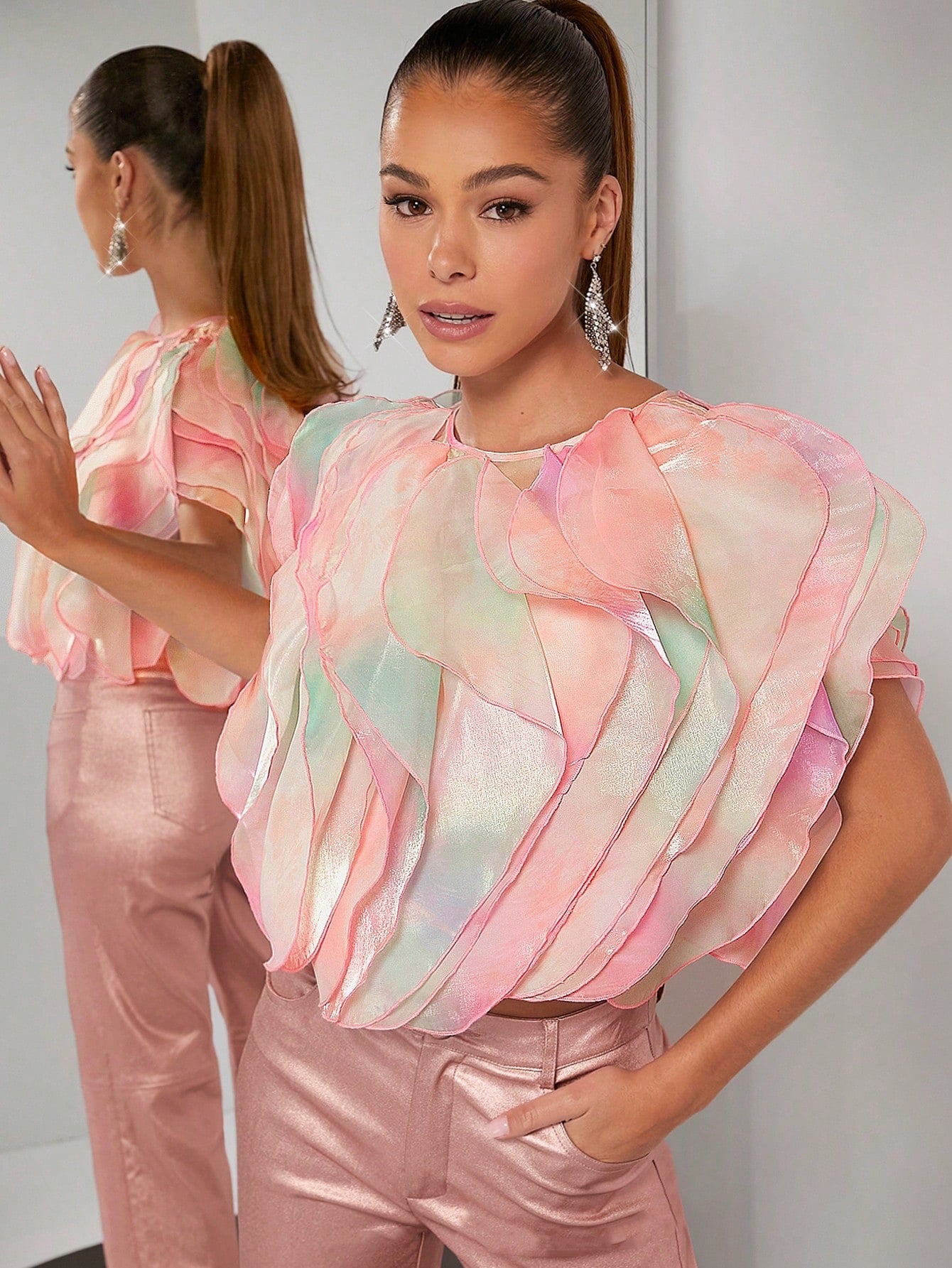 CM-TS818808 Women Elegant Seoul Style Round Neck Tie Dye Layered Short Sleeve Blouse