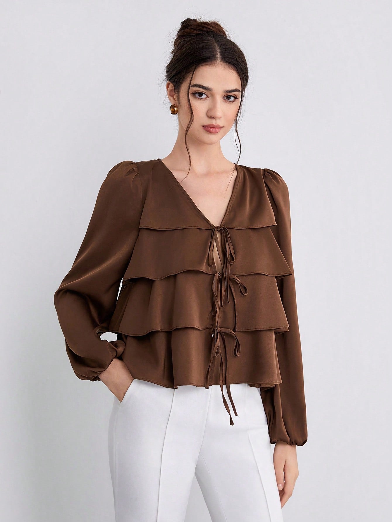 CM-TS010083 Women Elegant Seoul Style Tie Front Ruffle Hem Lantern Sleeve Blouse