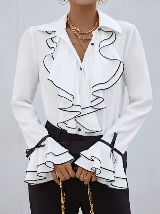 CM-TS615233 Women Elegant Seoul Style Contrast Binding Ruffle Trim Flare Sleeve Shirt