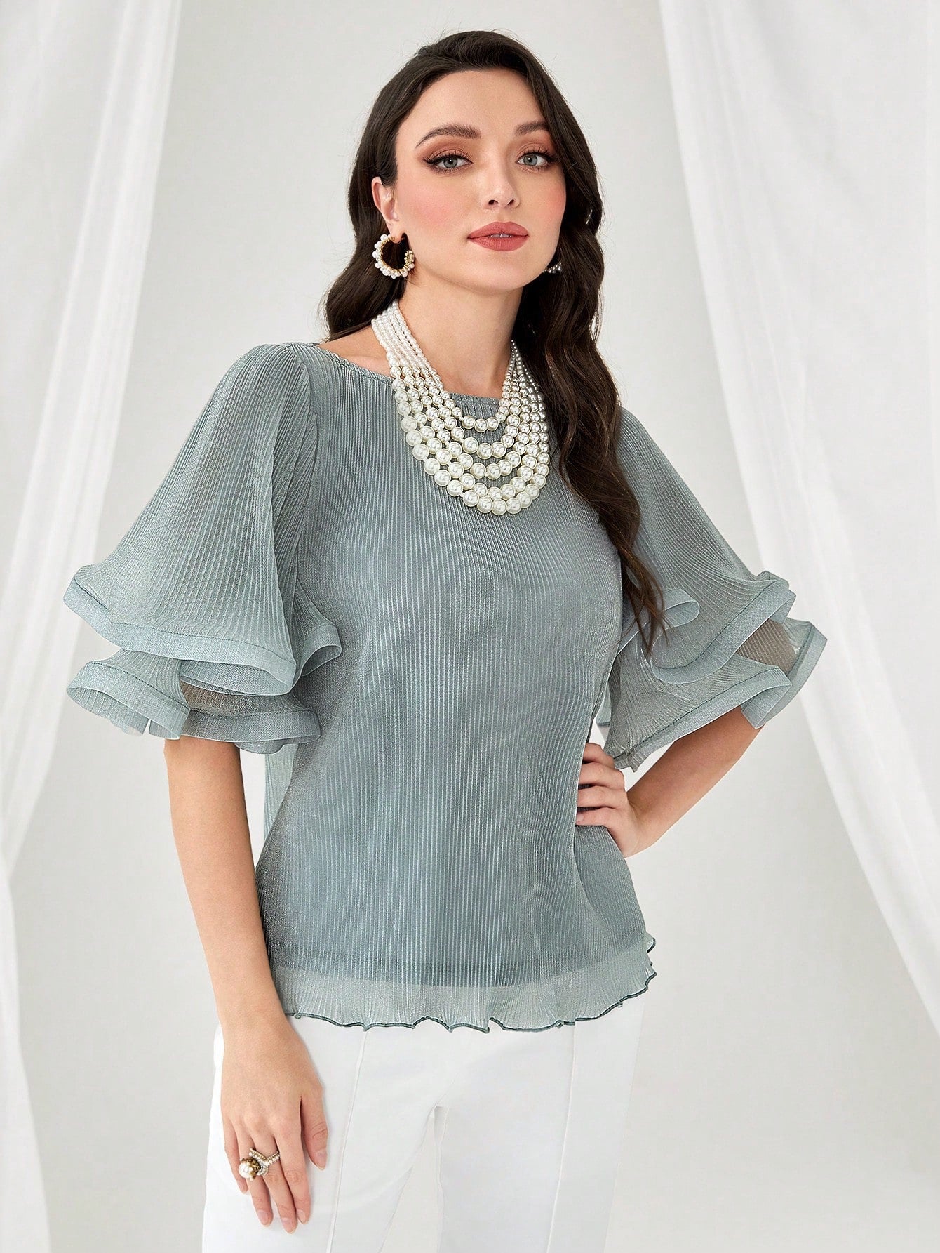 CM-TS277229 Women Elegant Seoul Style Round Neck Solid Flare Sleeve Blouse - Mint Green