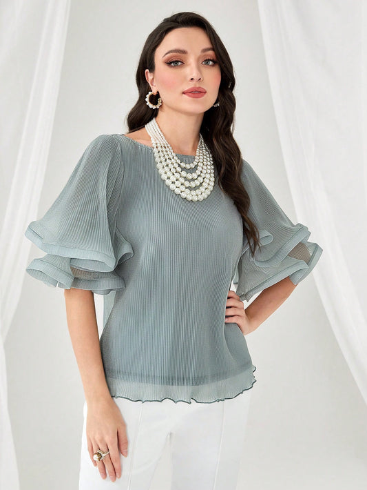 CM-TS277229 Women Elegant Seoul Style Round Neck Solid Flare Sleeve Blouse - Mint Green