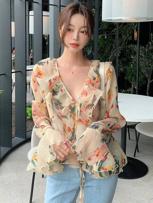 CM-TS196662 Women Trendy Bohemian Style Floral Print Ruffle Trim Flare Sleeve Blouse