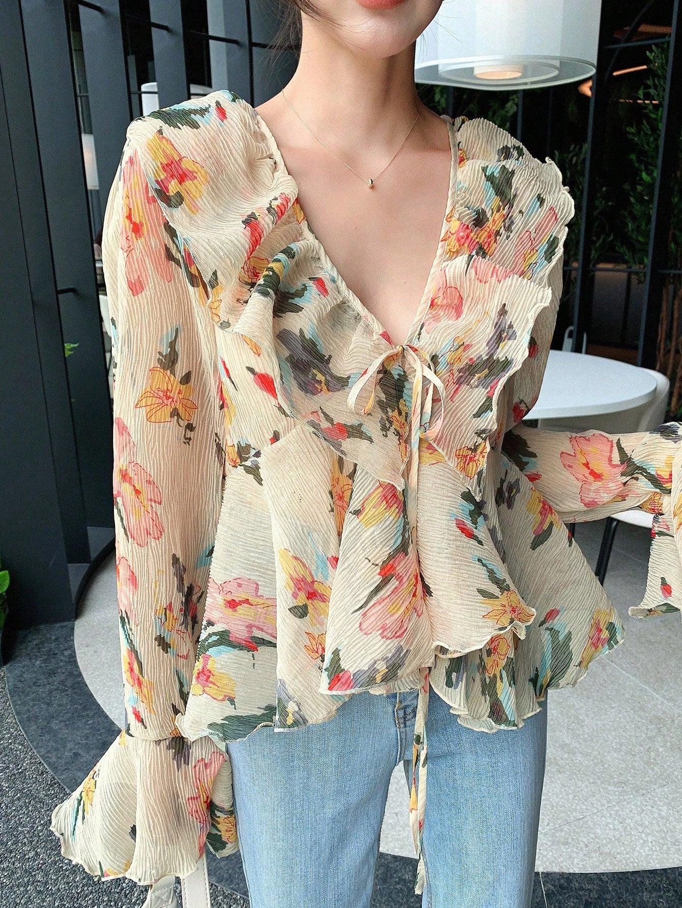 CM-TS196662 Women Trendy Bohemian Style Floral Print Ruffle Trim Flare Sleeve Blouse